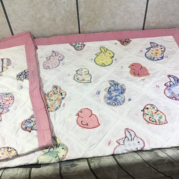Handmade Quilt Pink Nursery Ducks Bunny Rabbit Print 42” x 42” Square - Picture 6 of 10